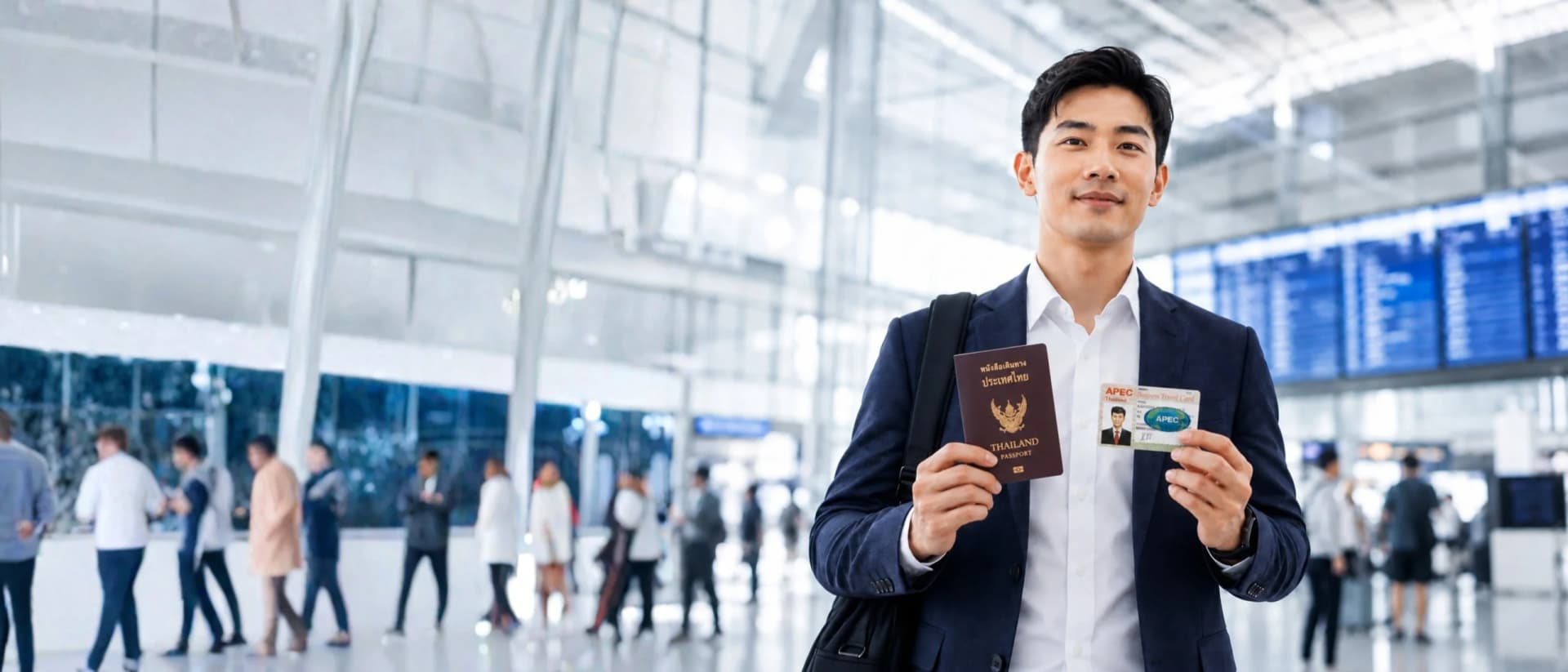 นักธุรกิจถือหนังสือเดินทางและบัตร APEC ที่สนามบิน / Business traveller holding a passport and APEC card at the airport